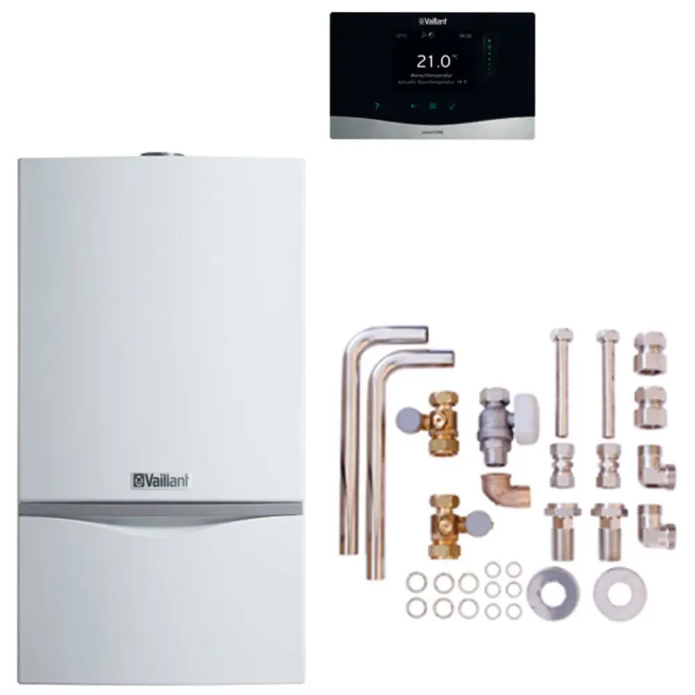 Vaillant-Heizkessel in Weiß mit Zubehörteilen, einschließlich Rohren, Ventilen und Verbindungselementen. Display zur Temperatureinstellung. 